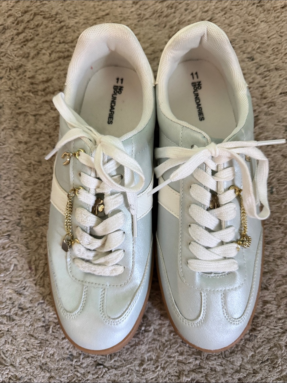 No Boundaries White and Gum Low-Top Lace-Up Sneakers with Gold Chain Accent